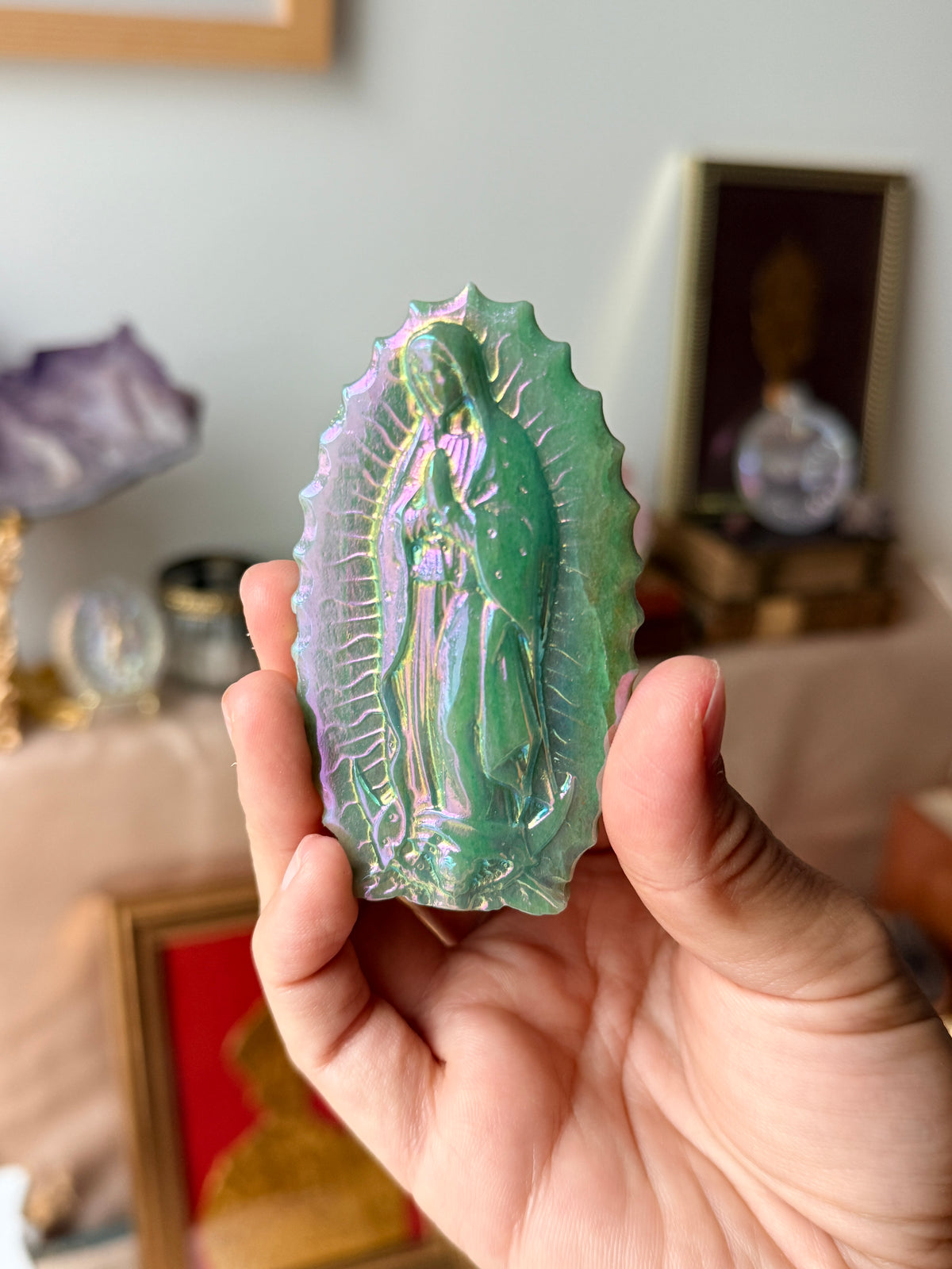 Vierge de Guadalupe en Quartz Rose - Obsidienne - Amazonite