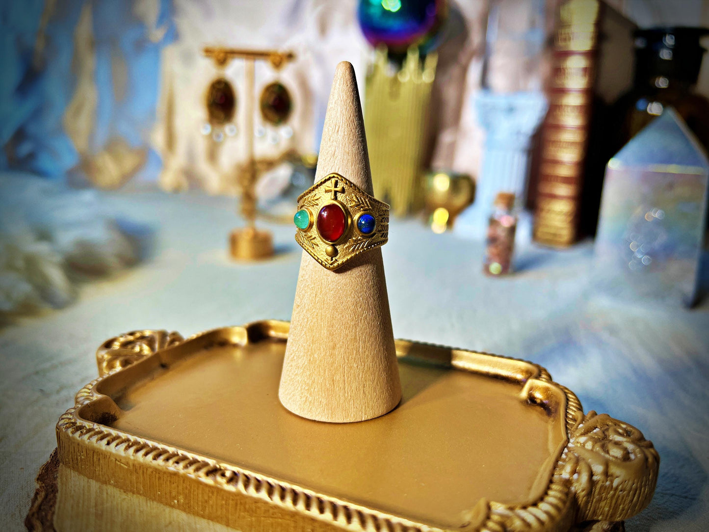Bague Byzantine "Théodora" - Acier inoxydable plaqué or 18K – Lapis-lazuli, Cornaline, Aventurine