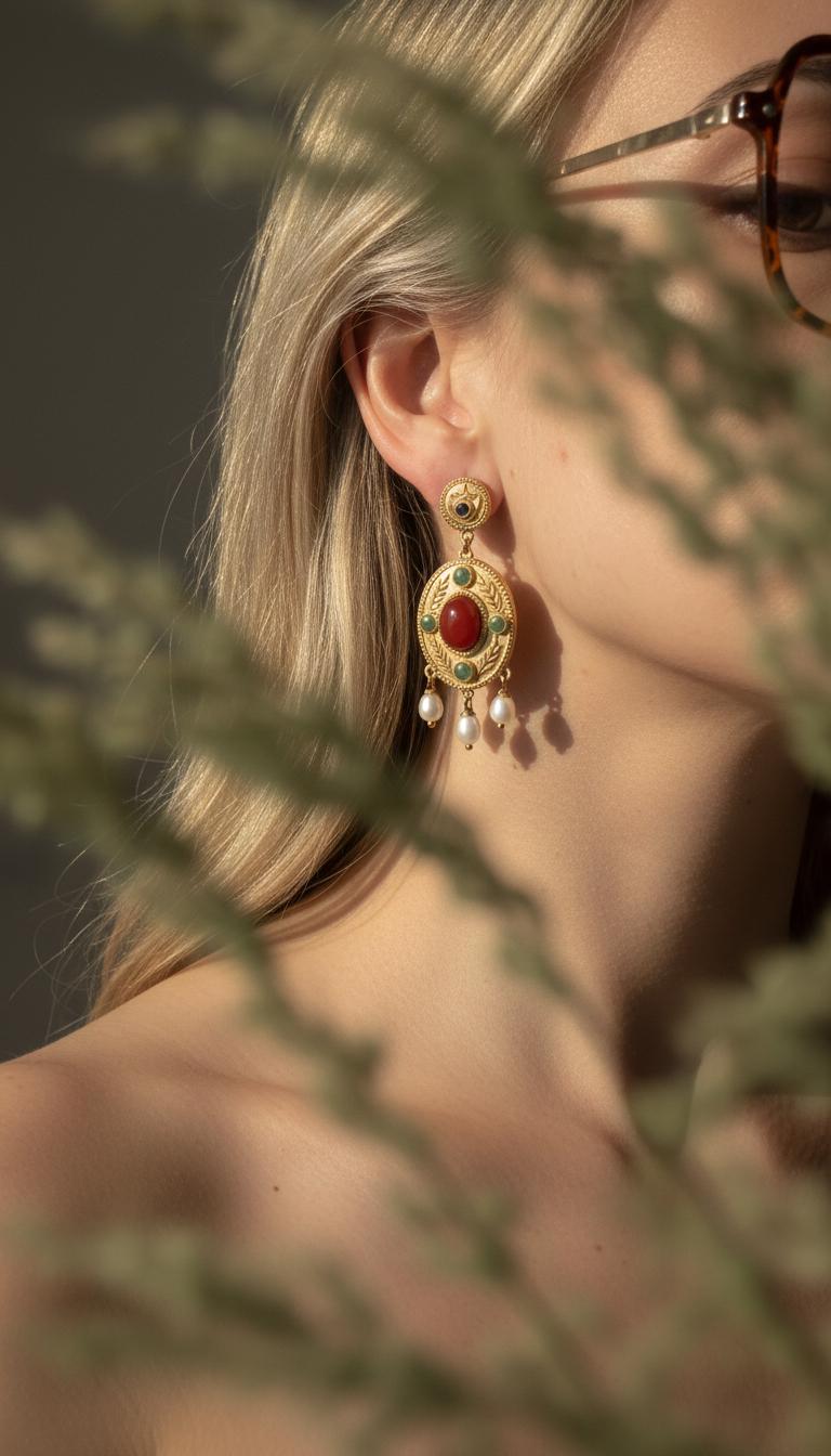 Boucles "Theodora" - Byzantines Or 18k Lapis-lazuli, Cornaline, Aventurine, Vraies Perles d'Eau