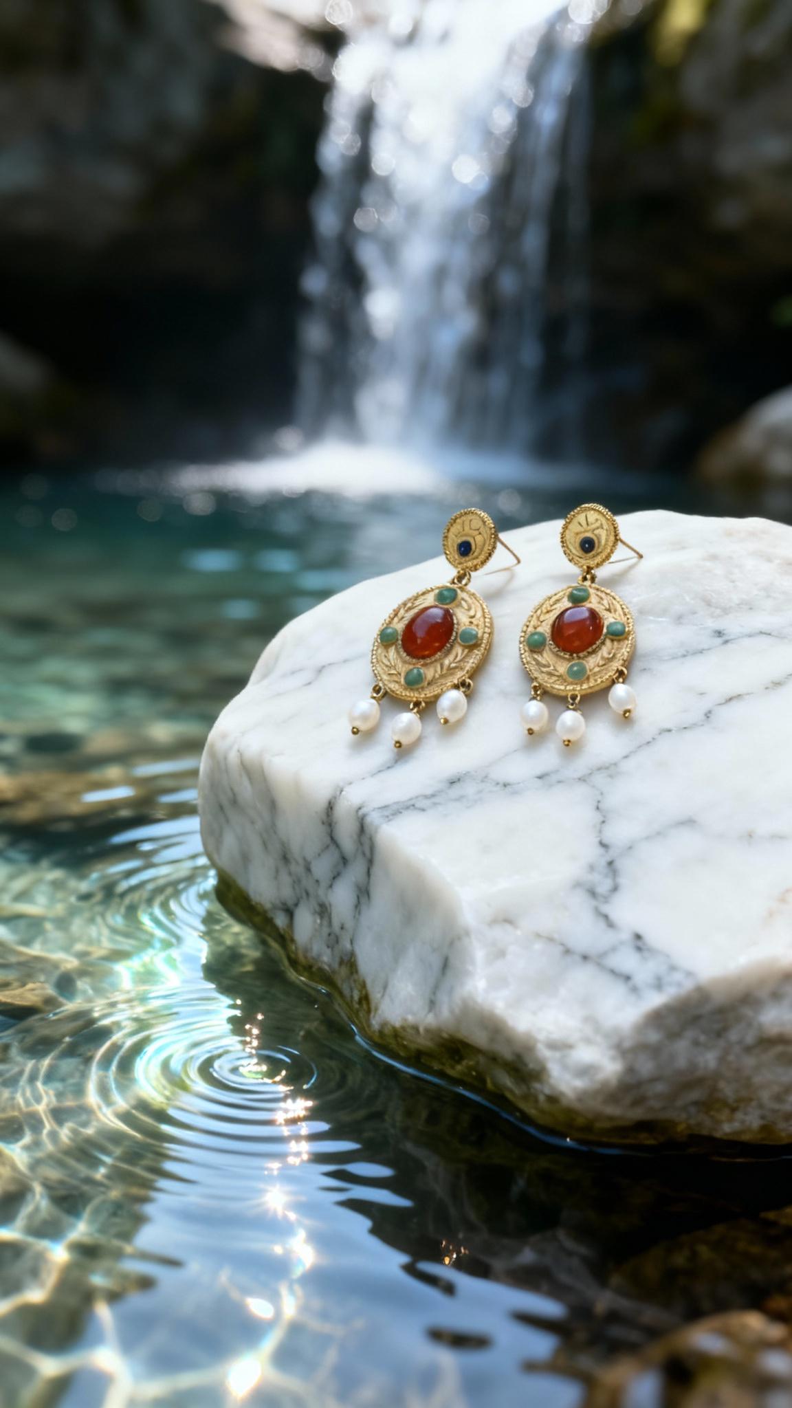 Boucles "Theodora" - Byzantines Or 18k Lapis-lazuli, Cornaline, Aventurine, Vraies Perles d'Eau
