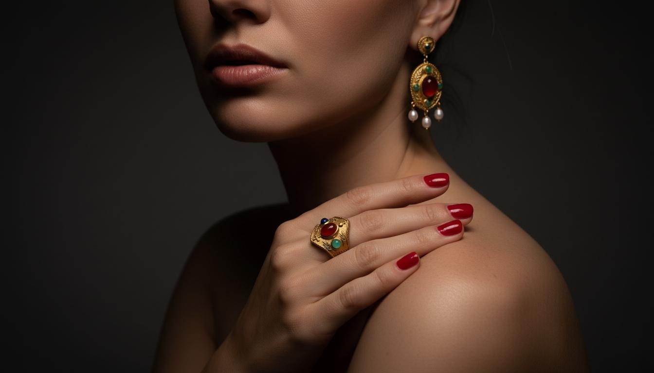 Bague Byzantine "Théodora" - Acier inoxydable plaqué or 18K – Lapis-lazuli, Cornaline, Aventurine