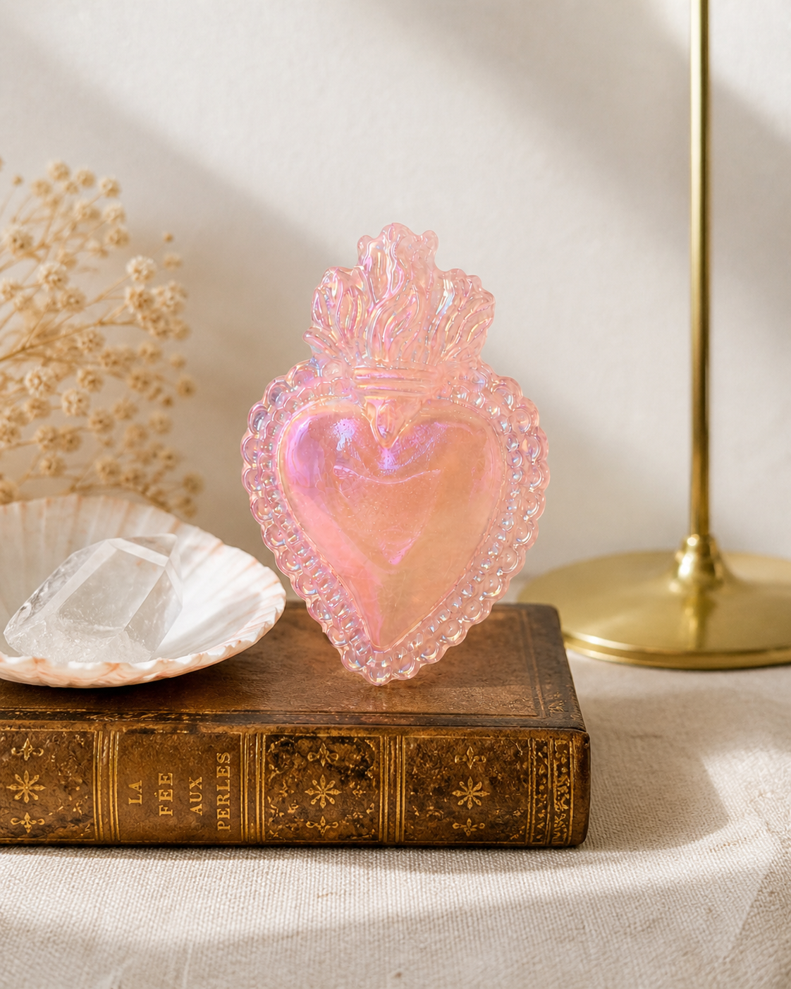 Ex-voto Cœur Sacré en Quartz Rose Aura