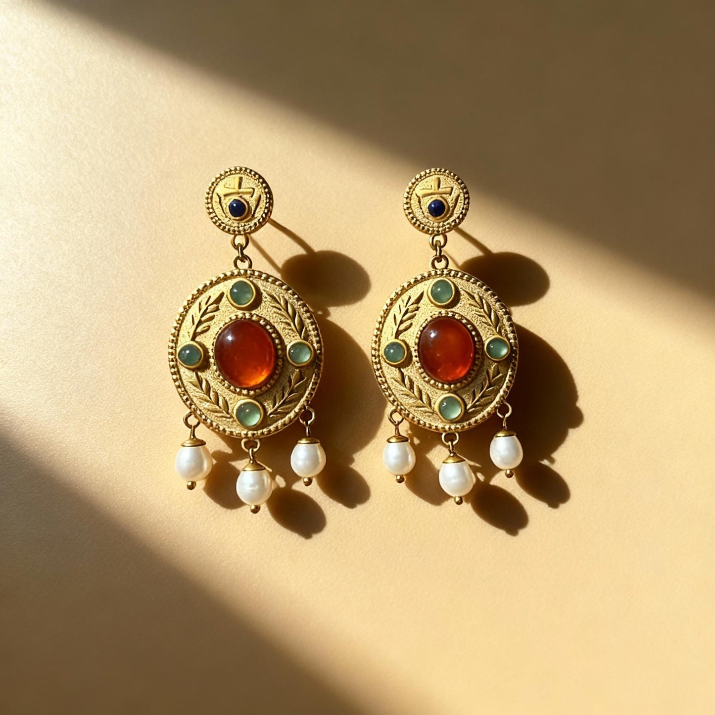 Boucles "Theodora" - Byzantines Or 18k Lapis-lazuli, Cornaline, Aventurine, Vraies Perles d'Eau