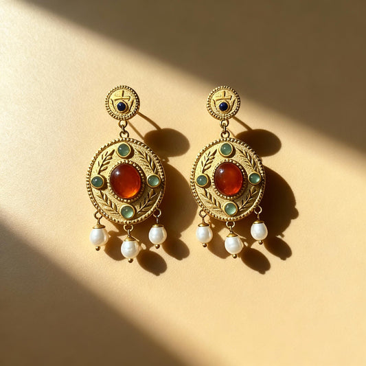 Boucles "Theodora" - Byzantines Or 18k Lapis-lazuli, Cornaline, Aventurine, Vraies Perles d'Eau