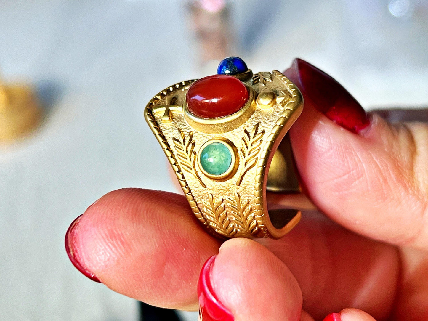 Bague Byzantine "Théodora" - Acier inoxydable plaqué or 18K – Lapis-lazuli, Cornaline, Aventurine