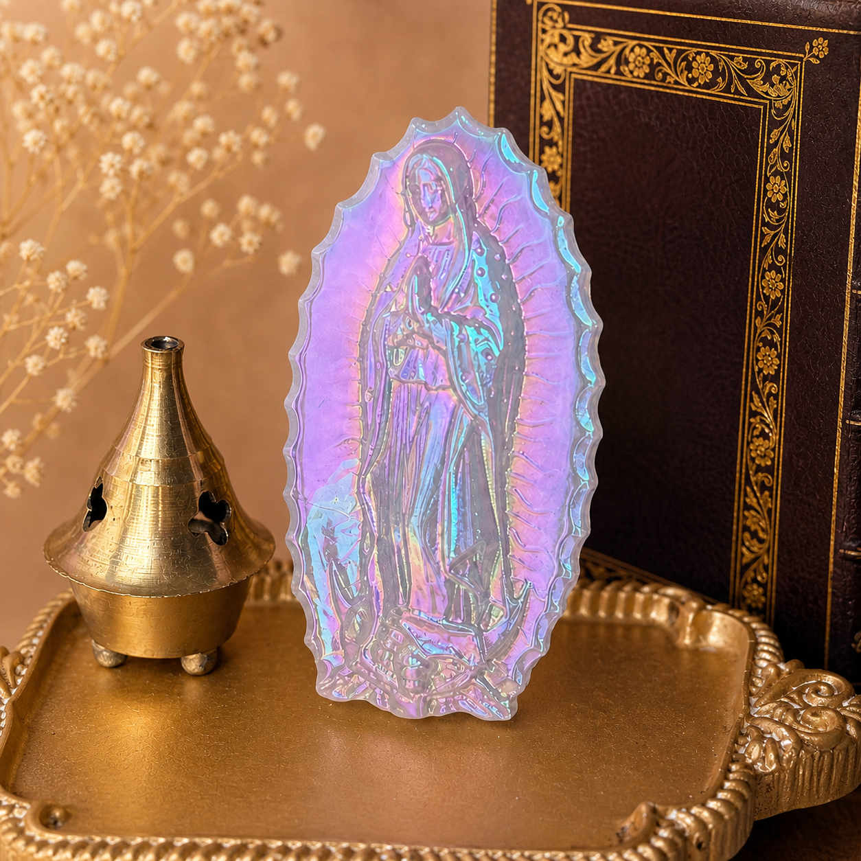 Vierge de Guadalupe en Quartz Rose - Obsidienne - Amazonite