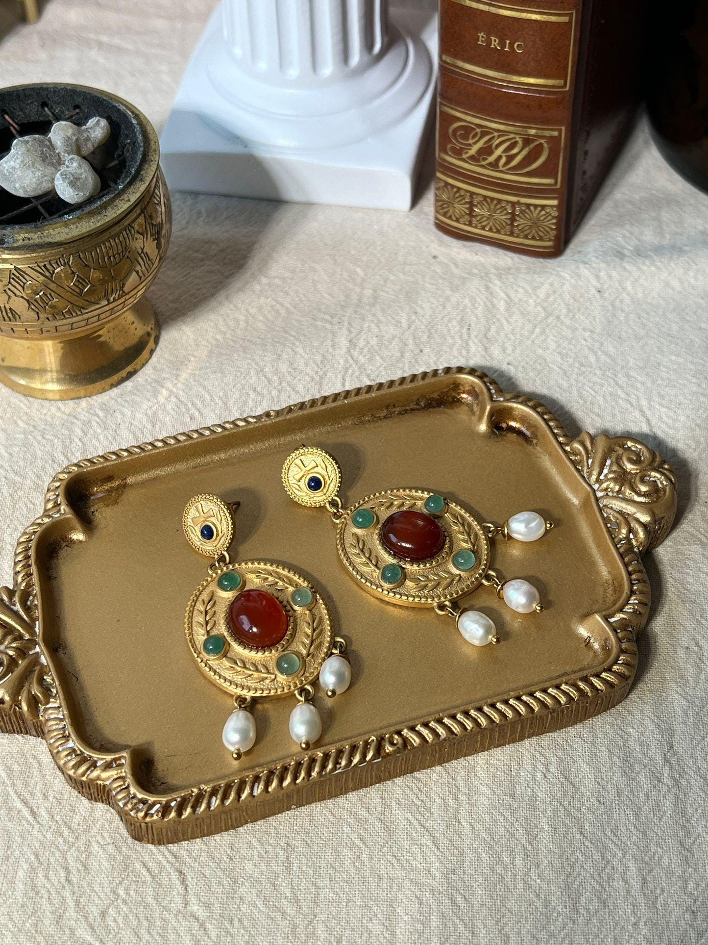 Boucles "Theodora" - Byzantines Or 18k Lapis-lazuli, Cornaline, Aventurine, Vraies Perles d'Eau