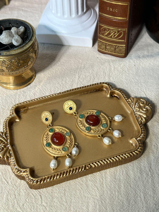 Boucles "Theodora" - Byzantines Or 18k Lapis-lazuli, Cornaline, Aventurine, Vraies Perles d'Eau