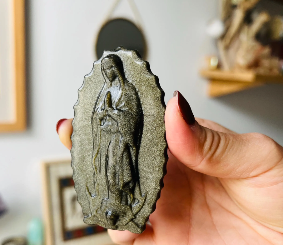 Vierge de Guadalupe en Quartz Rose - Obsidienne - Amazonite