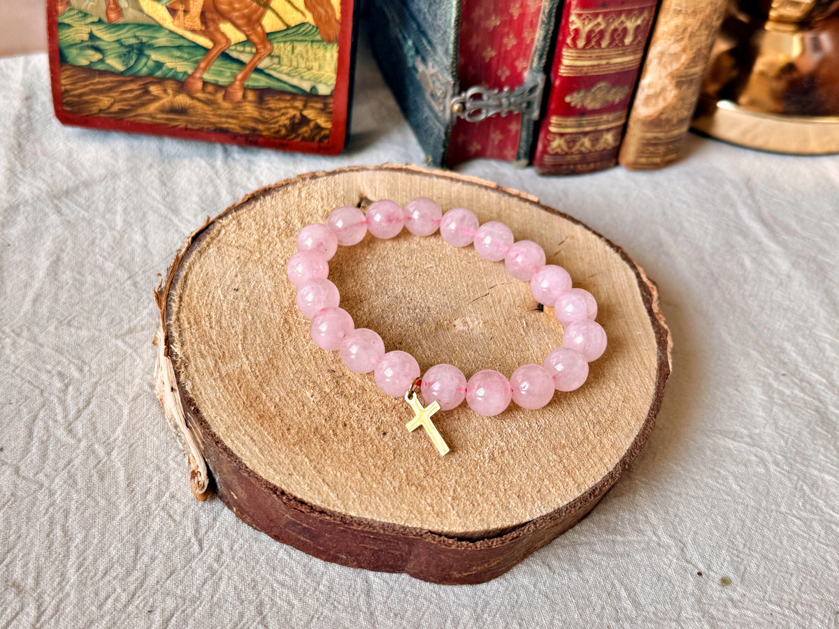 Bracelet chrétien en quartz rose