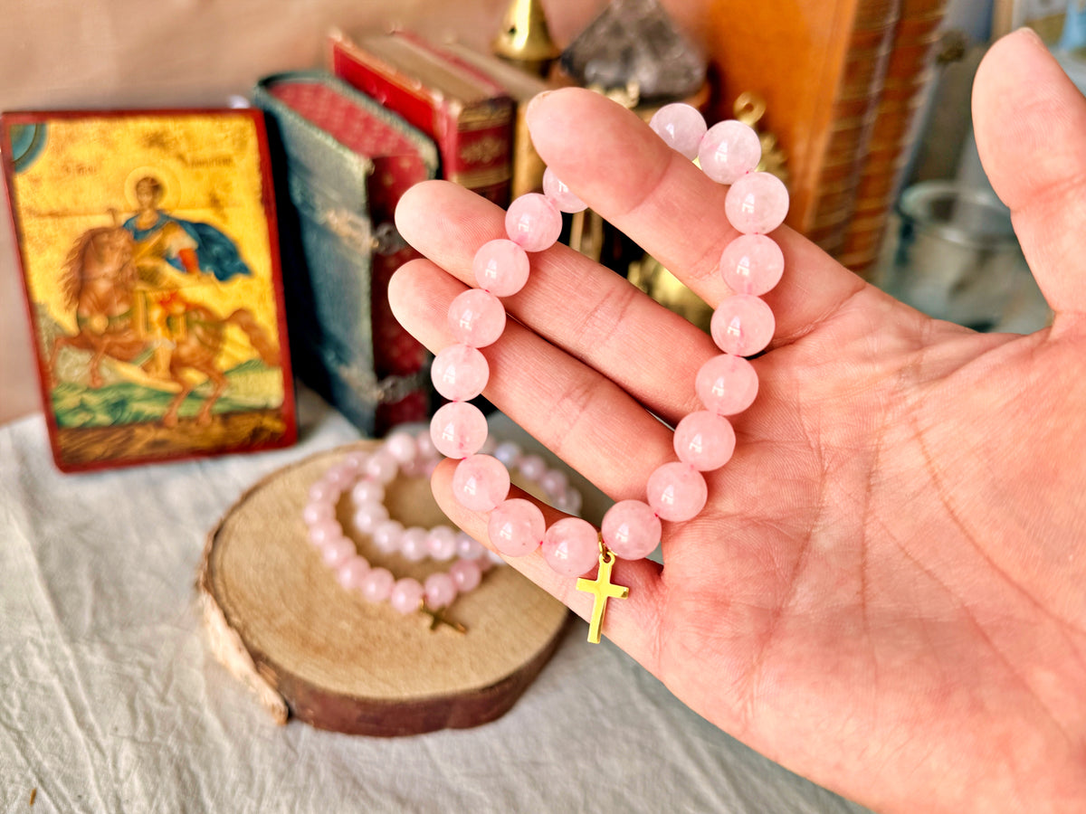 Bracelet chrétien en quartz rose