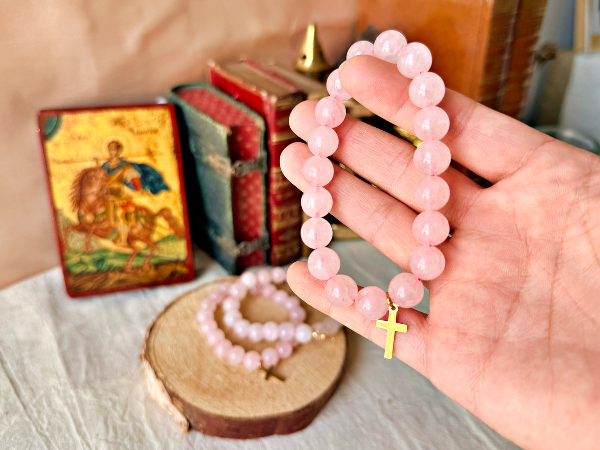 Bracelet chrétien en quartz rose