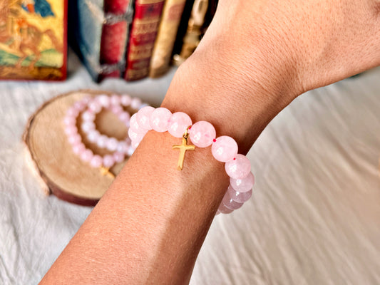 Bracelet chrétien en quartz rose