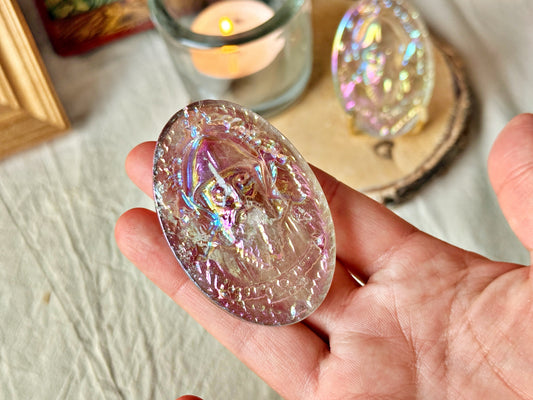 Saint Charbel – Médaillon en quartz fumé naturel, irisé à l'argent et au platine | 6 cm