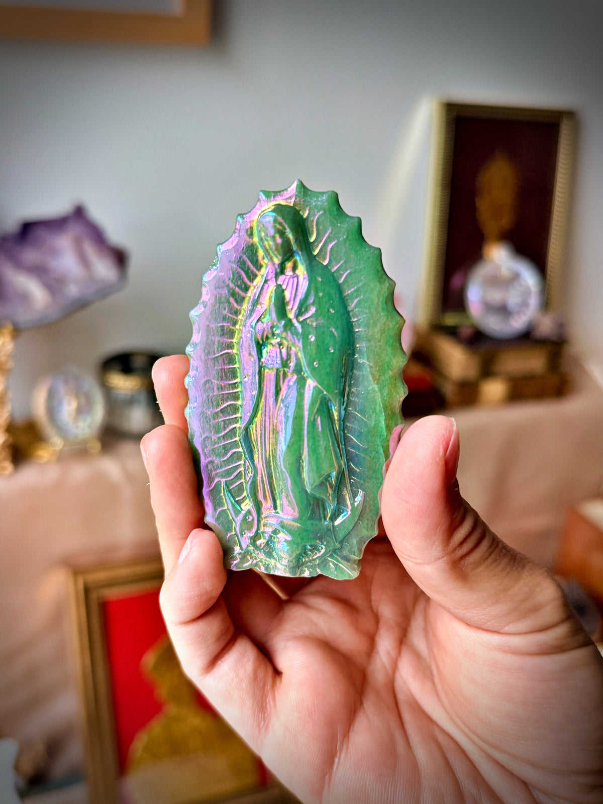 Vierge de Guadalupe en Quartz Rose - Obsidienne - Amazonite