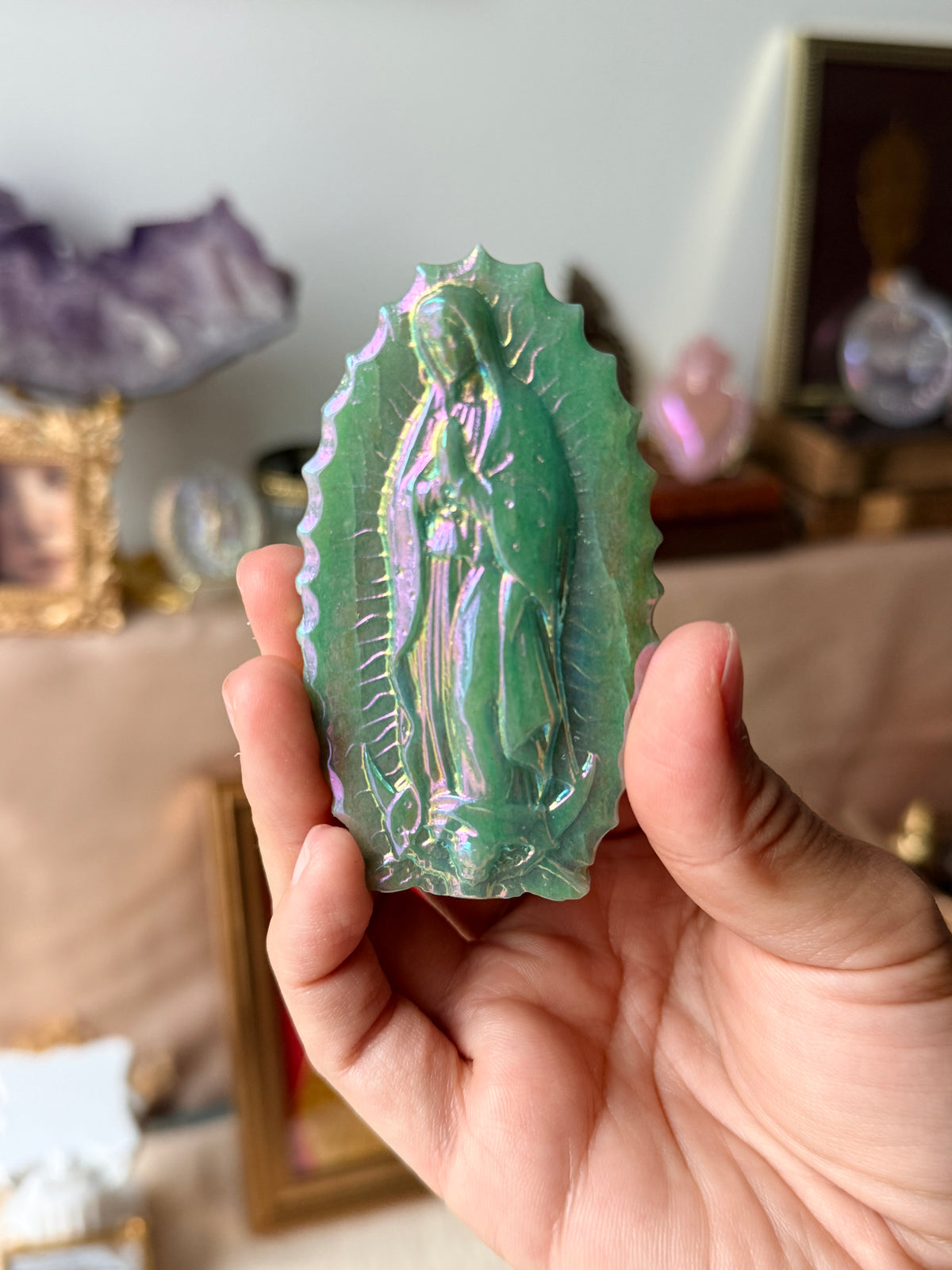 Vierge de Guadalupe en Quartz Rose - Obsidienne - Amazonite