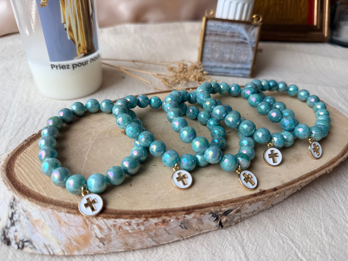 Bracelet en amazonite naturelle irisée avec croix