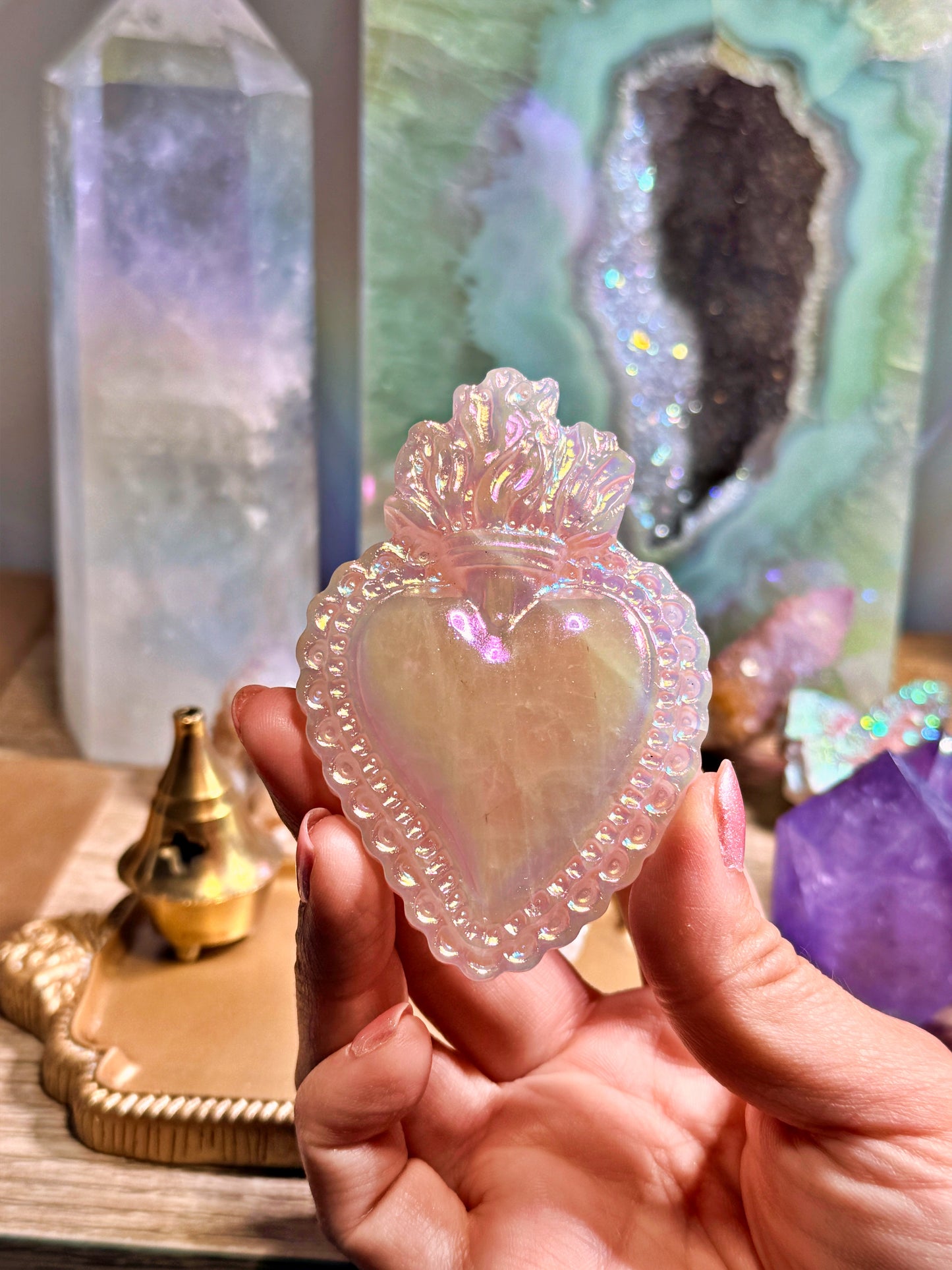 Ex-voto Cœur Sacré en Quartz Rose Aura