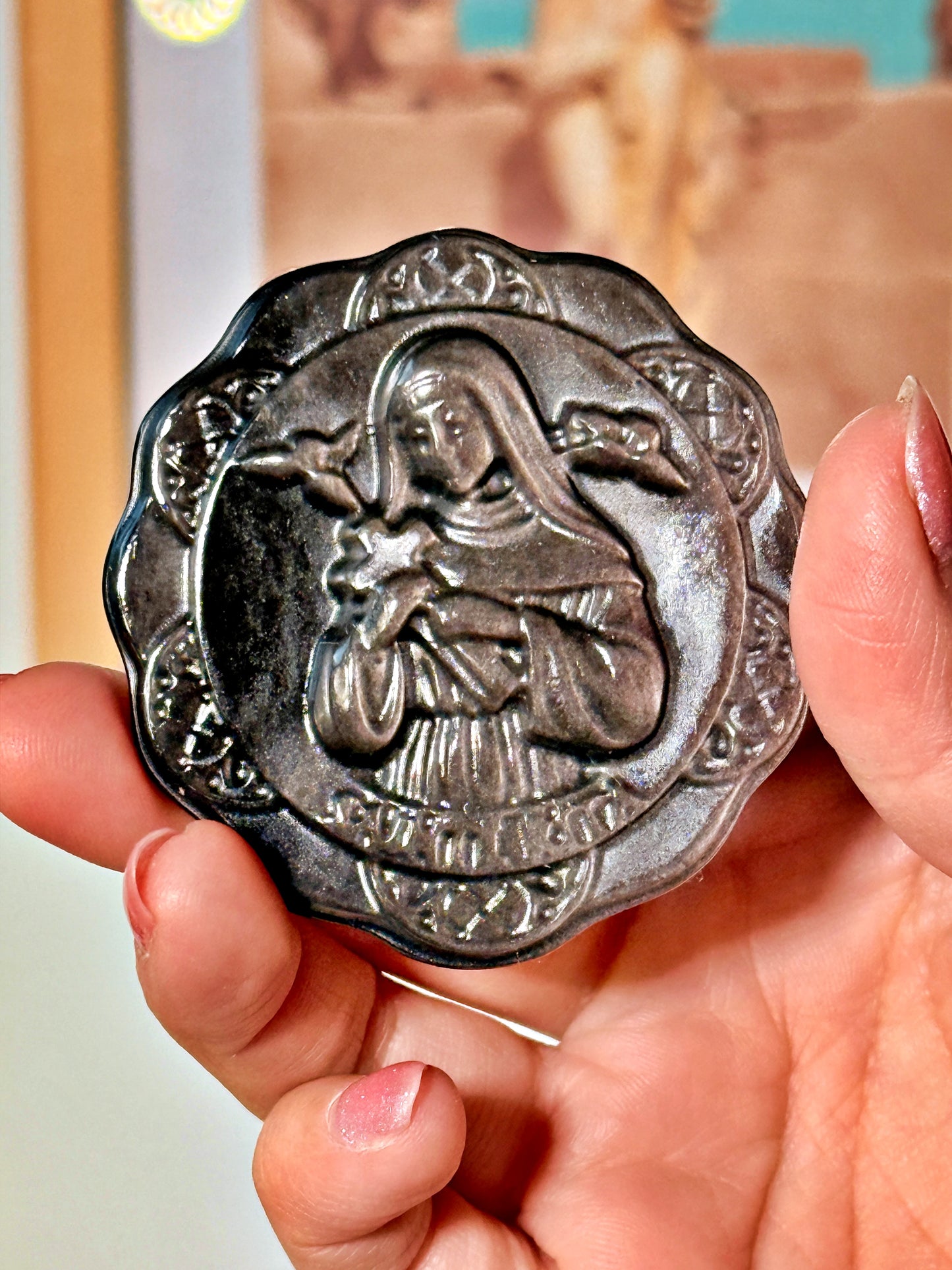 Sainte Rita en Obsidienne Argentée