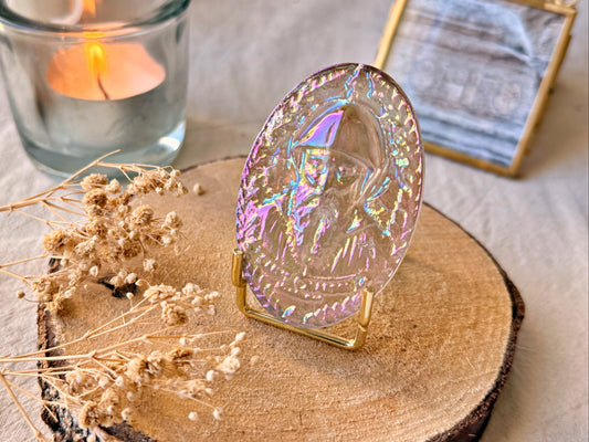 Saint Charbel – Médaillon en quartz fumé naturel, irisé à l'argent et au platine | 6 cm