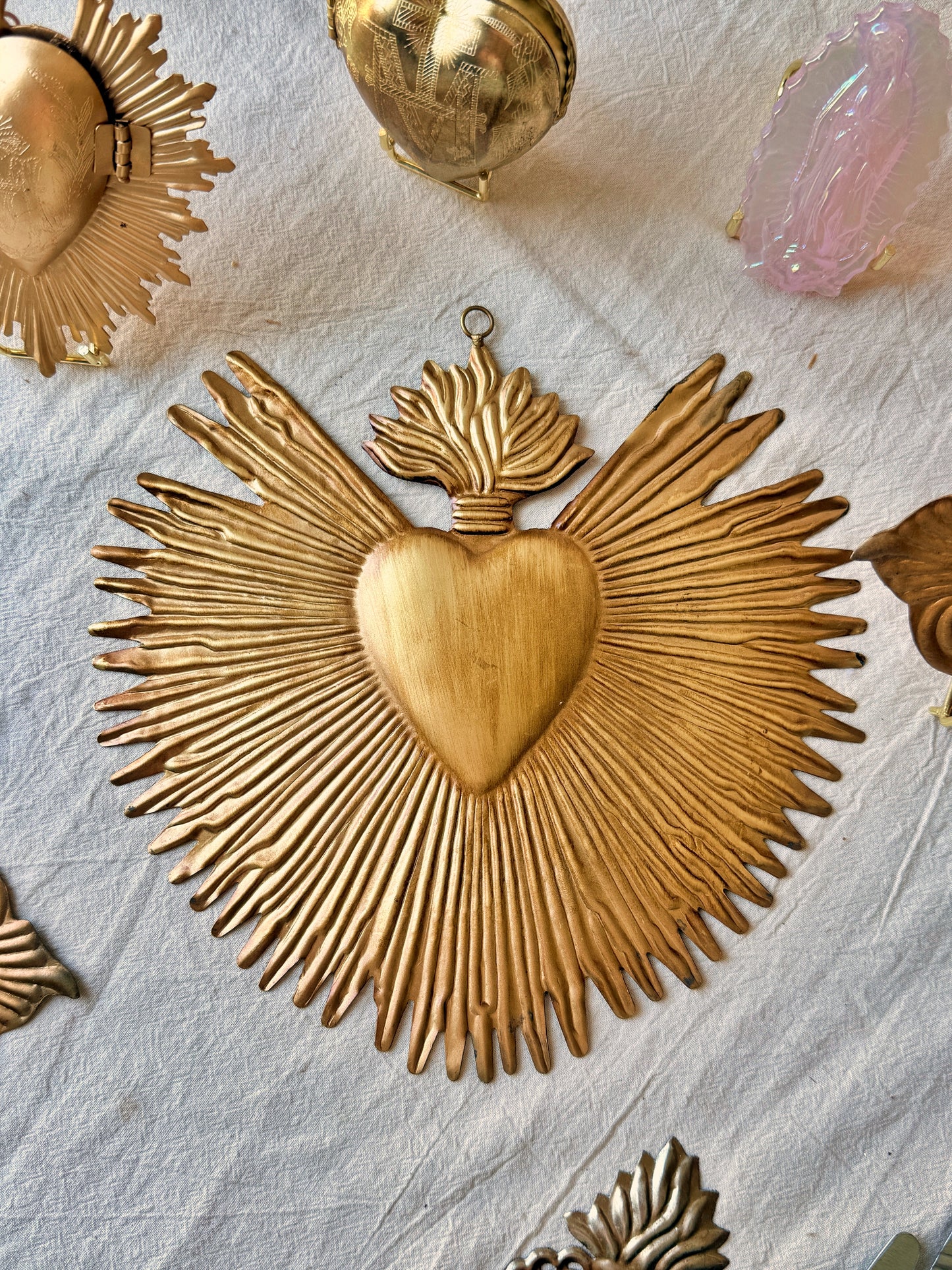 Ex Voto Cœur Sacré de Jésus Rayonnant en Laiton Doré