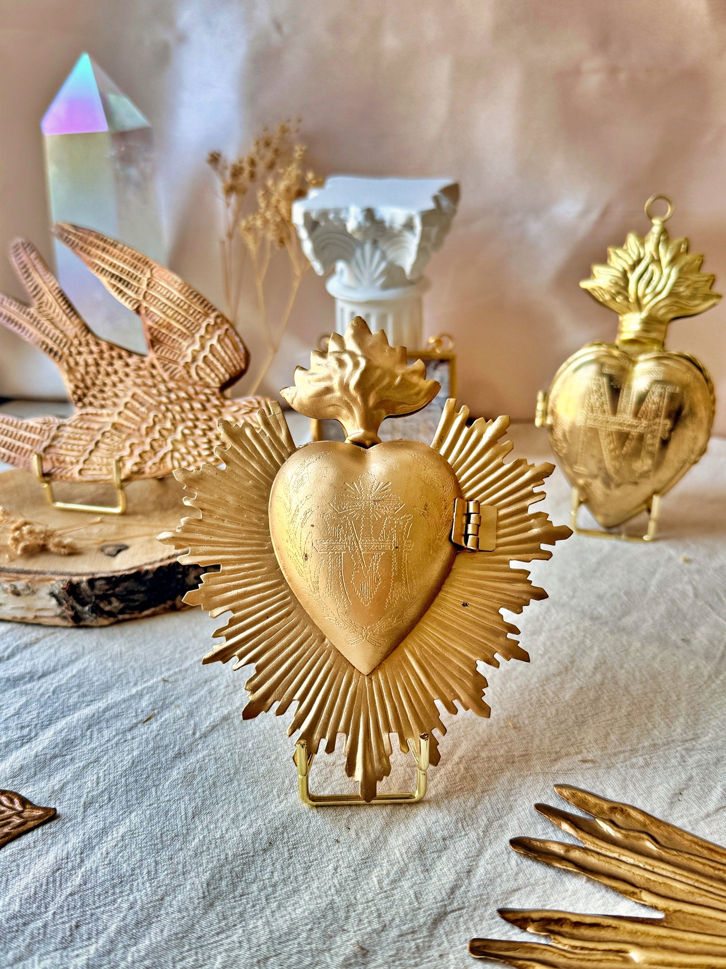 Ex Voto Cœur Sacré de Marie rayonnant ouvrant en laiton doré