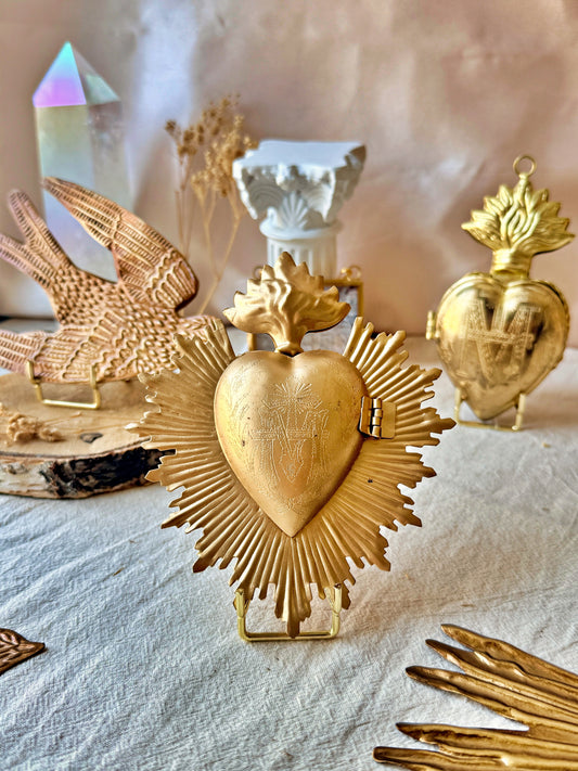 Ex Voto Cœur Sacré de Marie rayonnant ouvrant en laiton doré