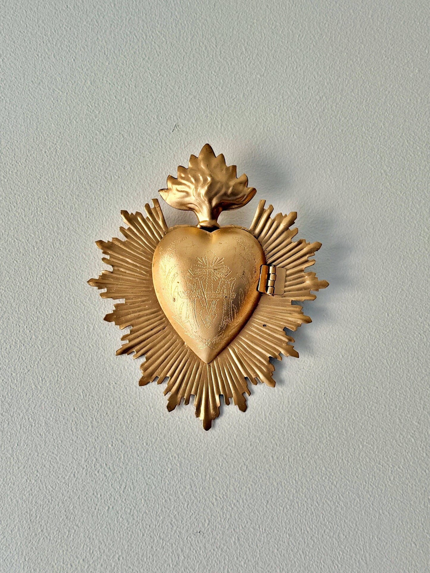 Ex Voto Cœur Sacré de Marie rayonnant ouvrant en laiton doré