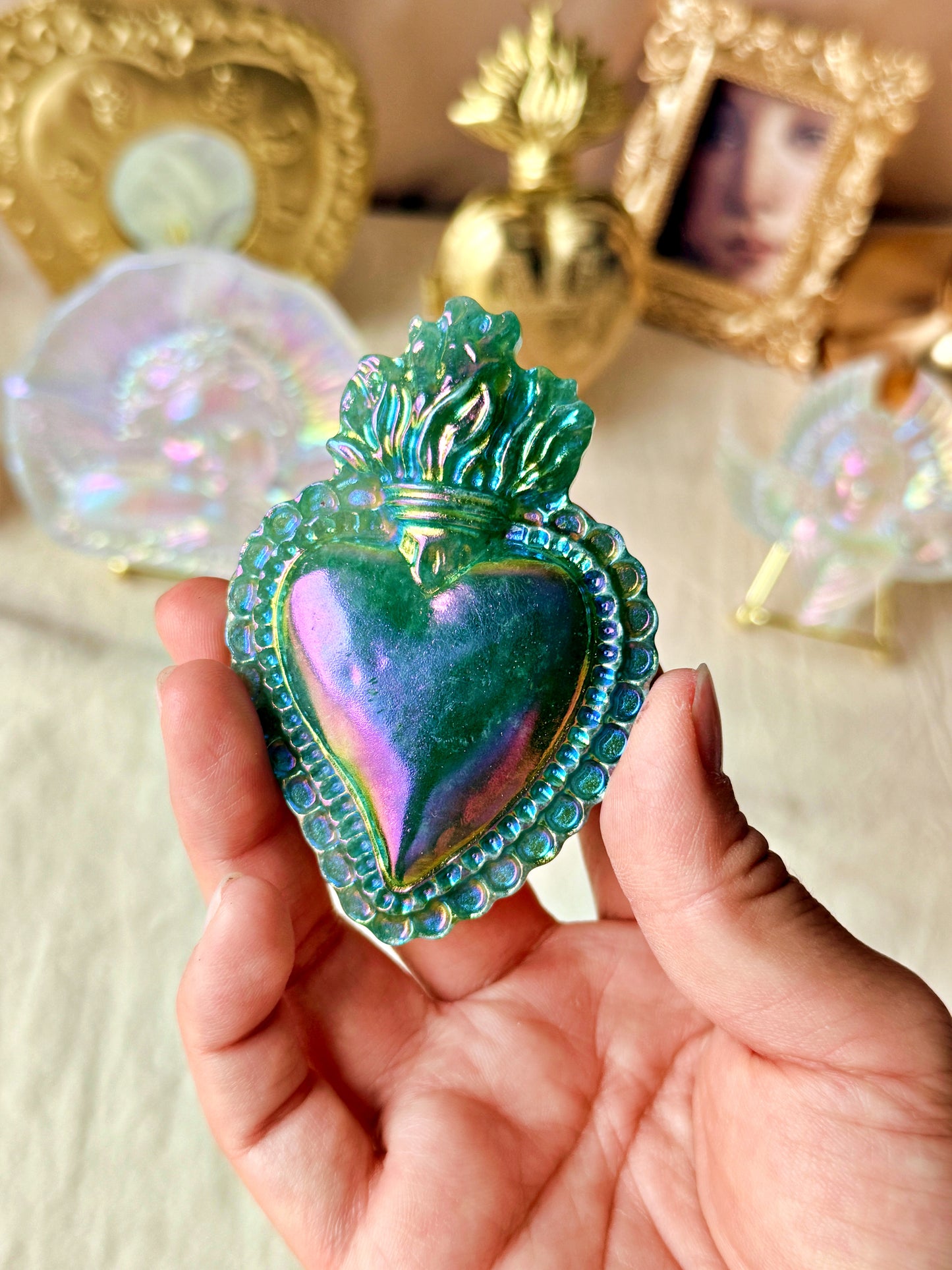 Cœur Sacré en Aventurine irisée au platine