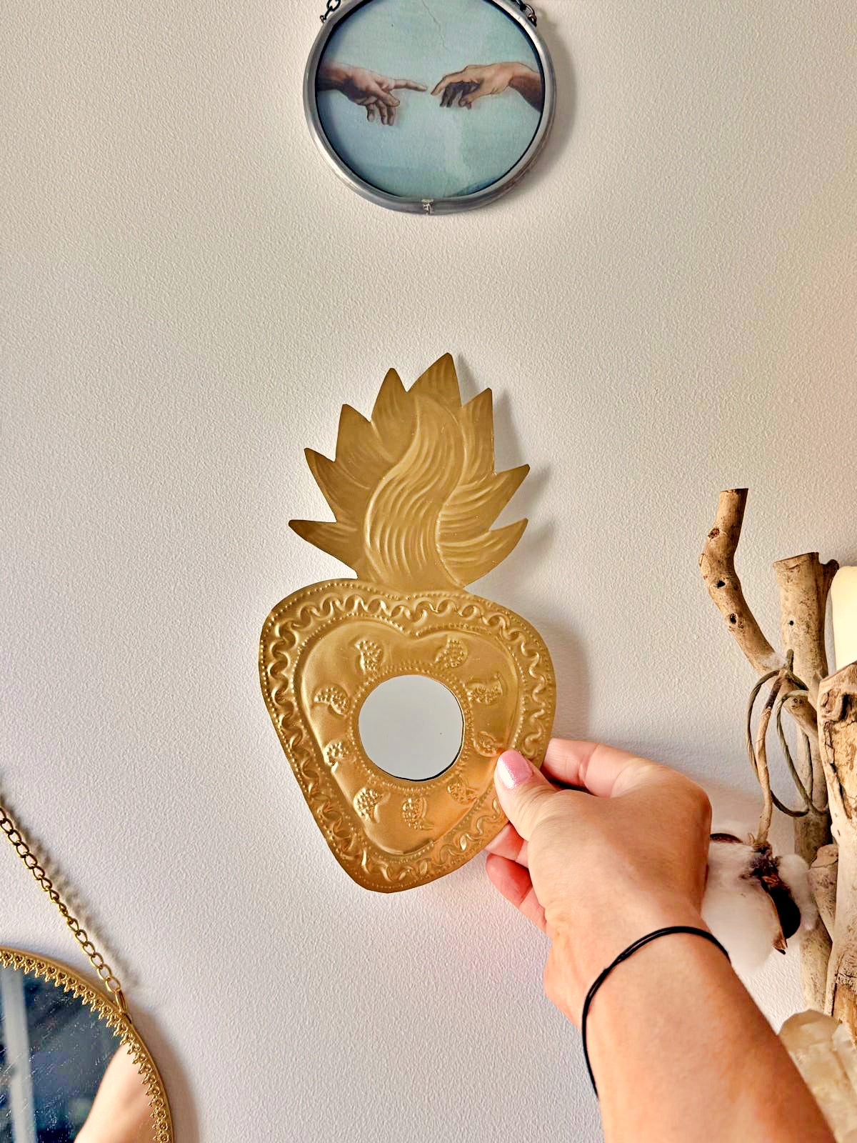 Milagro Miroir – Cœur Sacré Mexicain doré
