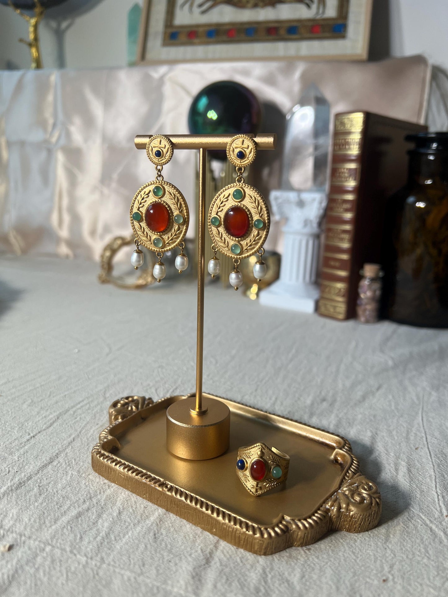 Boucles "Theodora" - Byzantines Or 18k Lapis-lazuli, Cornaline, Aventurine, Vraies Perles d'Eau