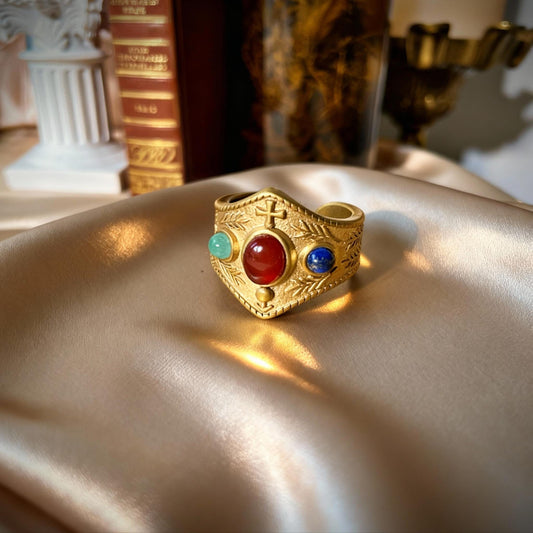 Bague Byzantine "Théodora" - Acier inoxydable plaqué or 18K – Lapis-lazuli, Cornaline, Aventurine
