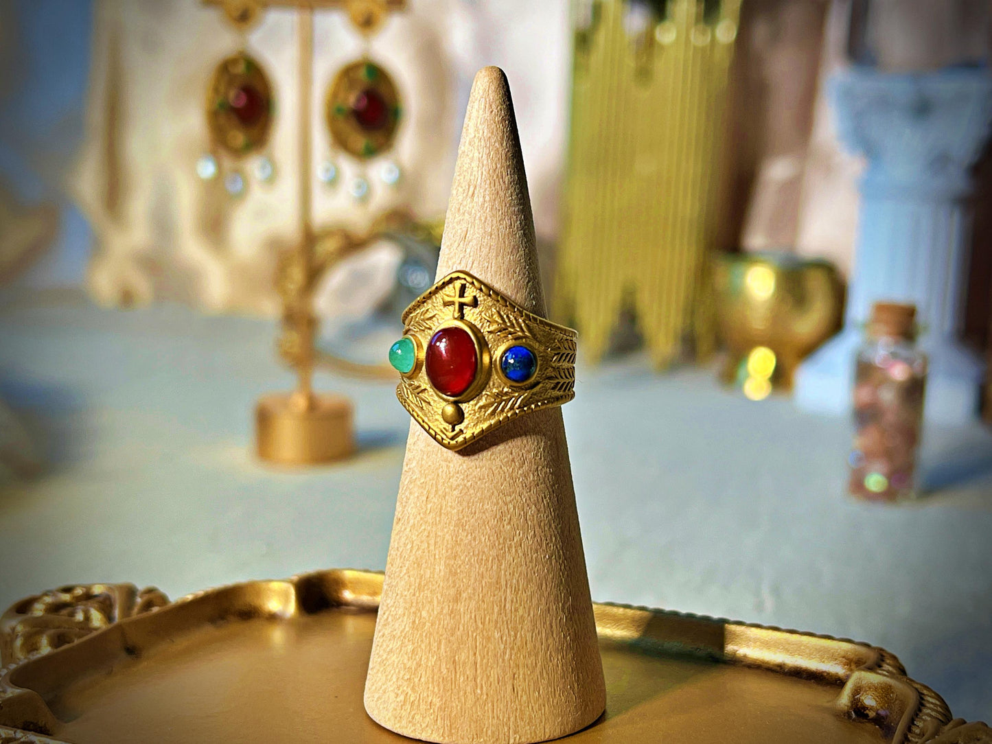 Bague Byzantine "Théodora" - Acier inoxydable plaqué or 18K – Lapis-lazuli, Cornaline, Aventurine