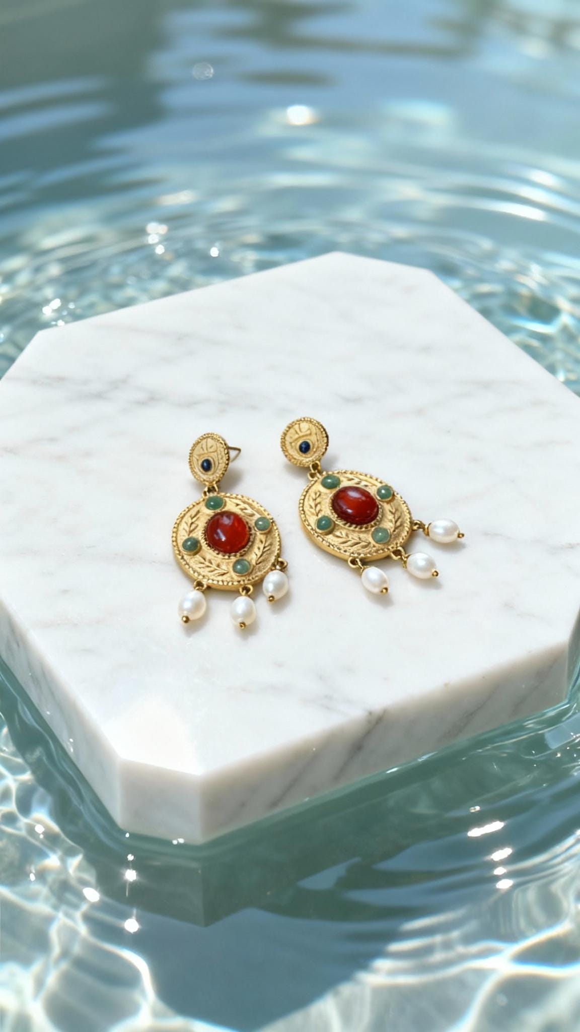Boucles "Theodora" - Byzantines Or 18k Lapis-lazuli, Cornaline, Aventurine, Vraies Perles d'Eau