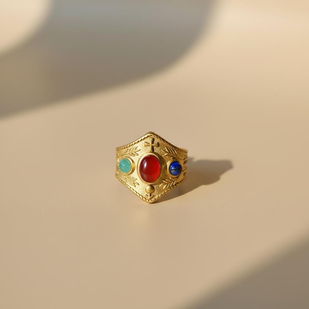 Bague Byzantine "Théodora" - Acier inoxydable plaqué or 18K – Lapis-lazuli, Cornaline, Aventurine