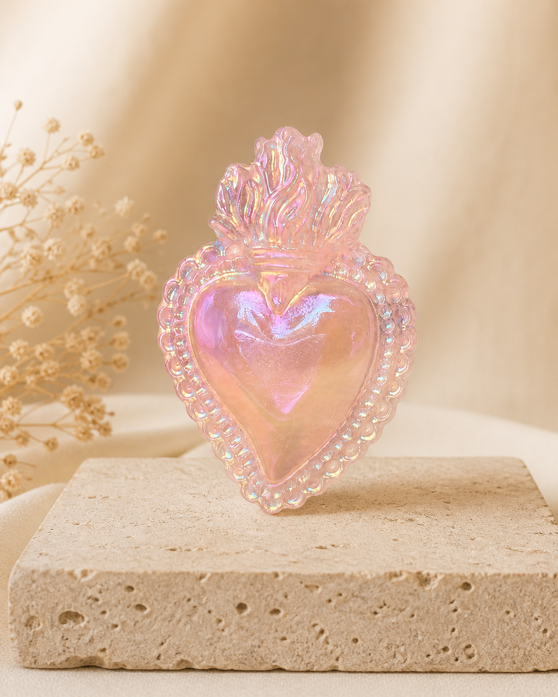 Ex-voto Cœur Sacré en Quartz Rose Aura
