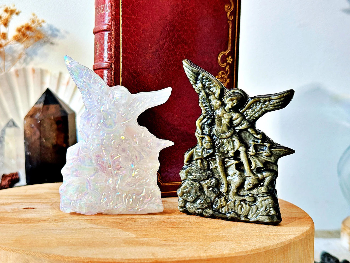 Archange Saint Michel en Obsidienne Dorée ou Cristal de Roche Aura