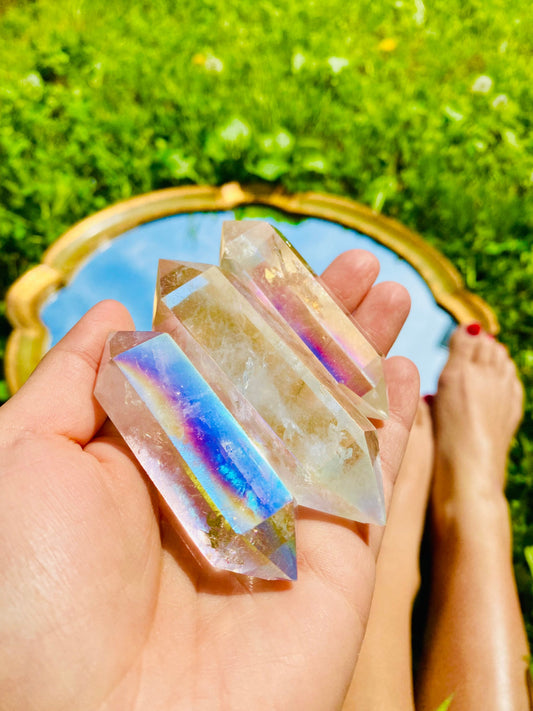 Baguette de Cristal de Roche Naturel double pointes Aura