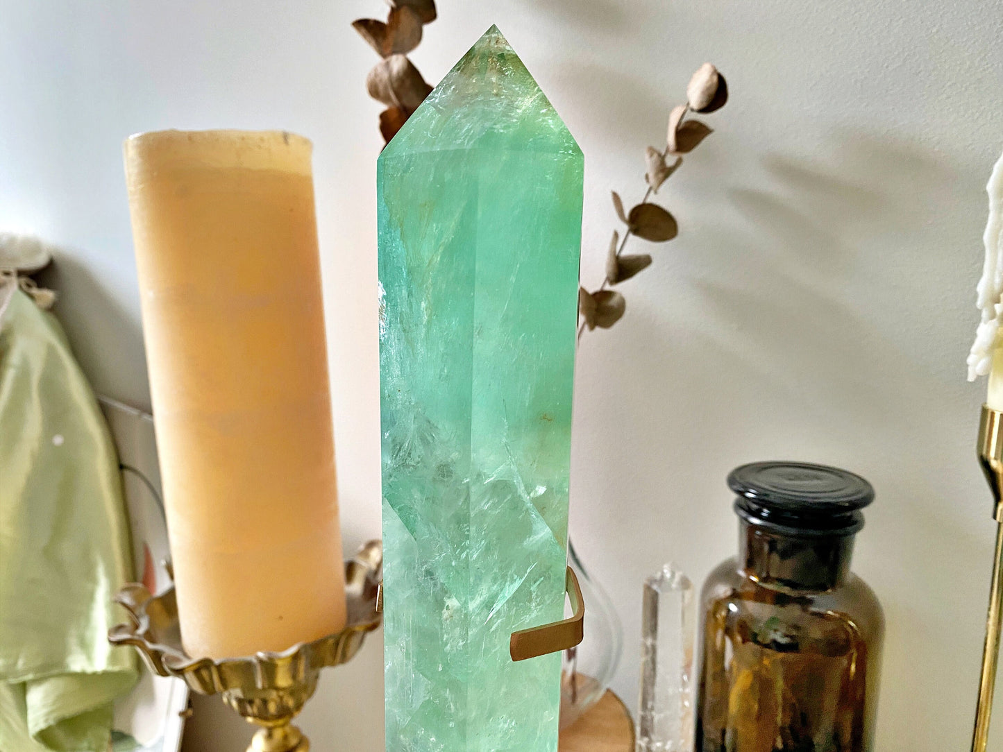 Fluorite Crystal Point on Tripod Stand: Unique Home Decor