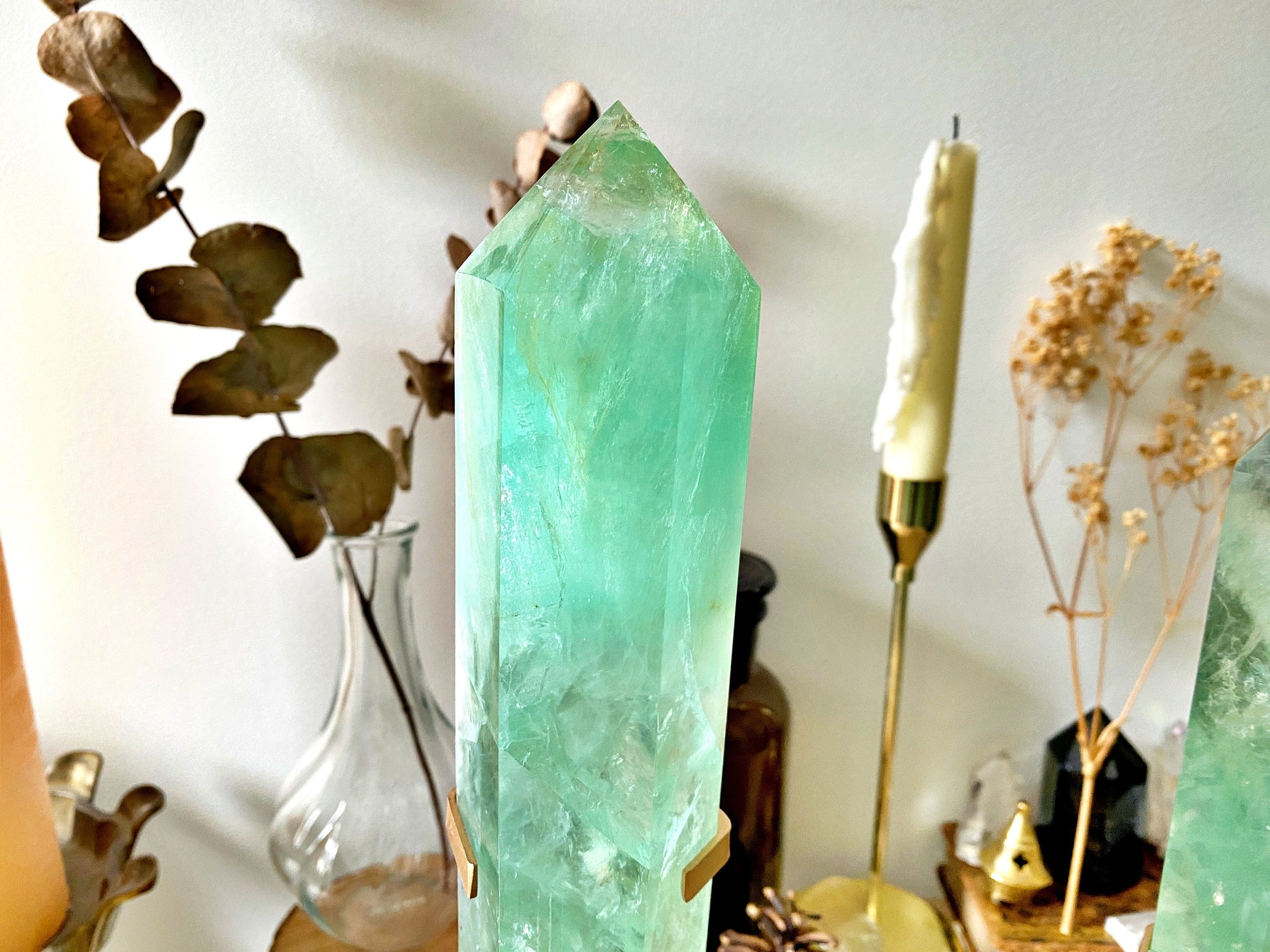 Fluorite Crystal Point on Tripod Stand: Unique Home Decor