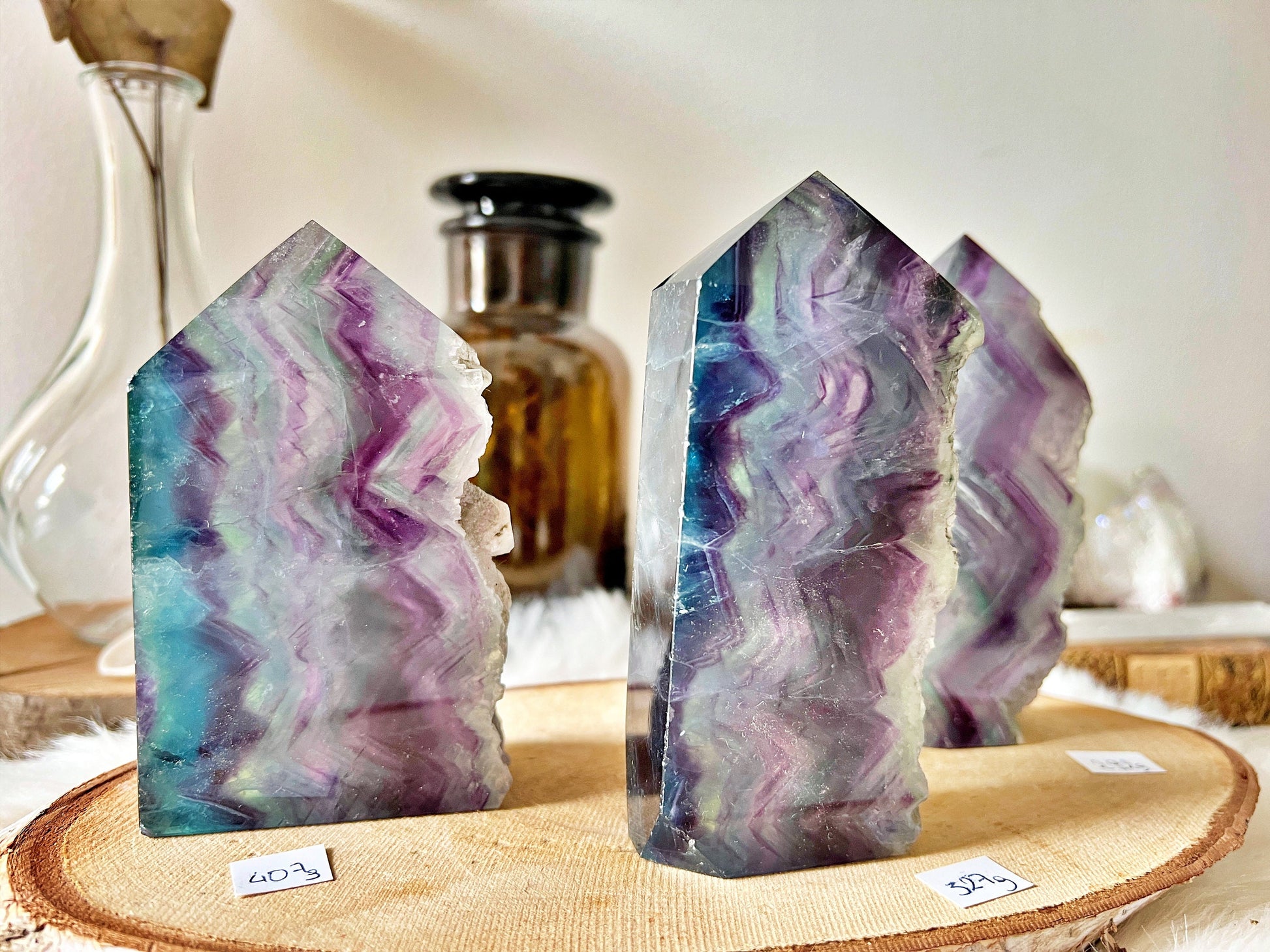 Tranches de Fluorite Multicolore Translucide - Mi Brutes & Mi Taillées, Unique Crystal Decor