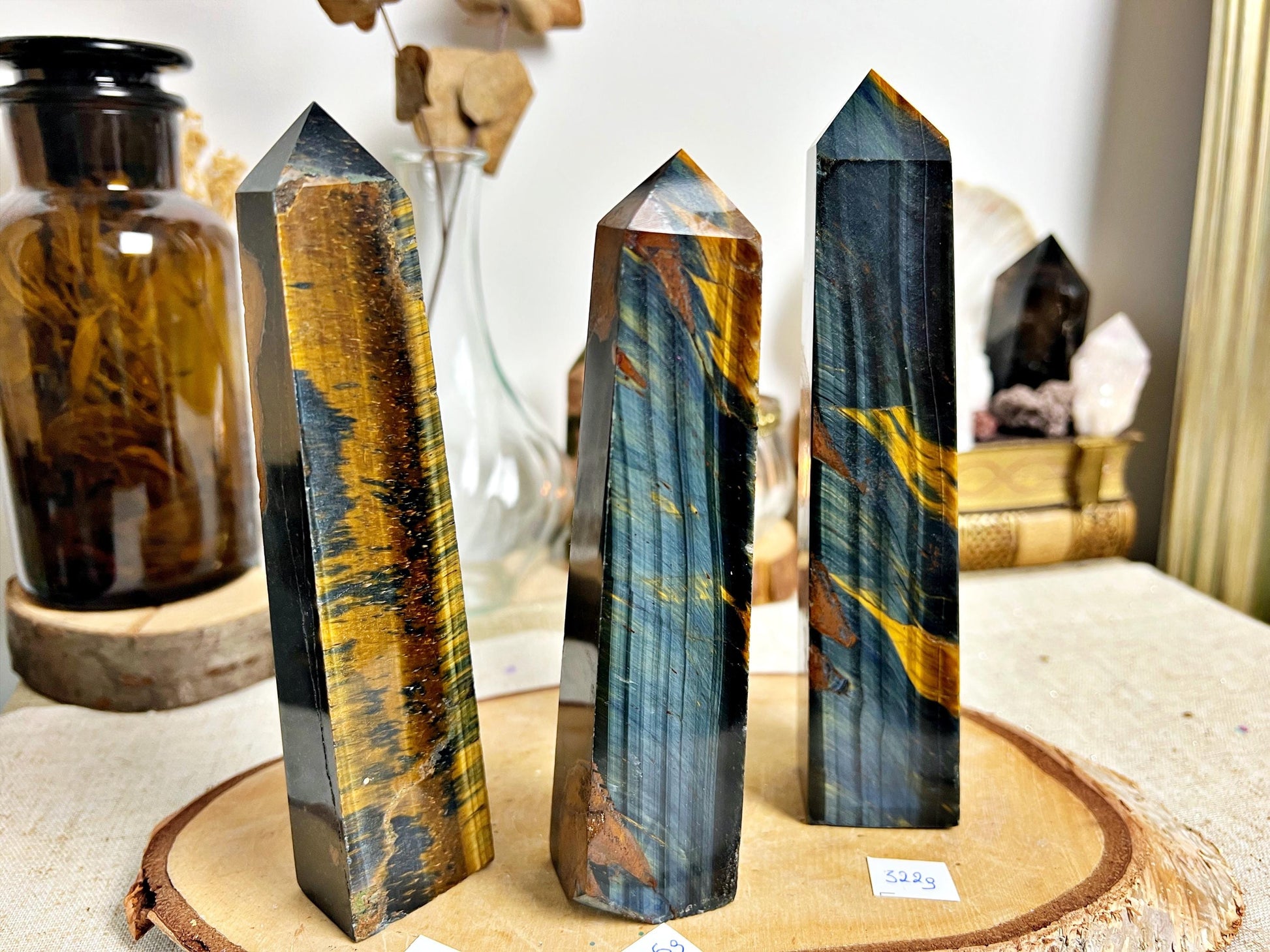 Polished Hawk's Eye and Tiger's Eye Points: Blue, Gold, Brown Natural Stone