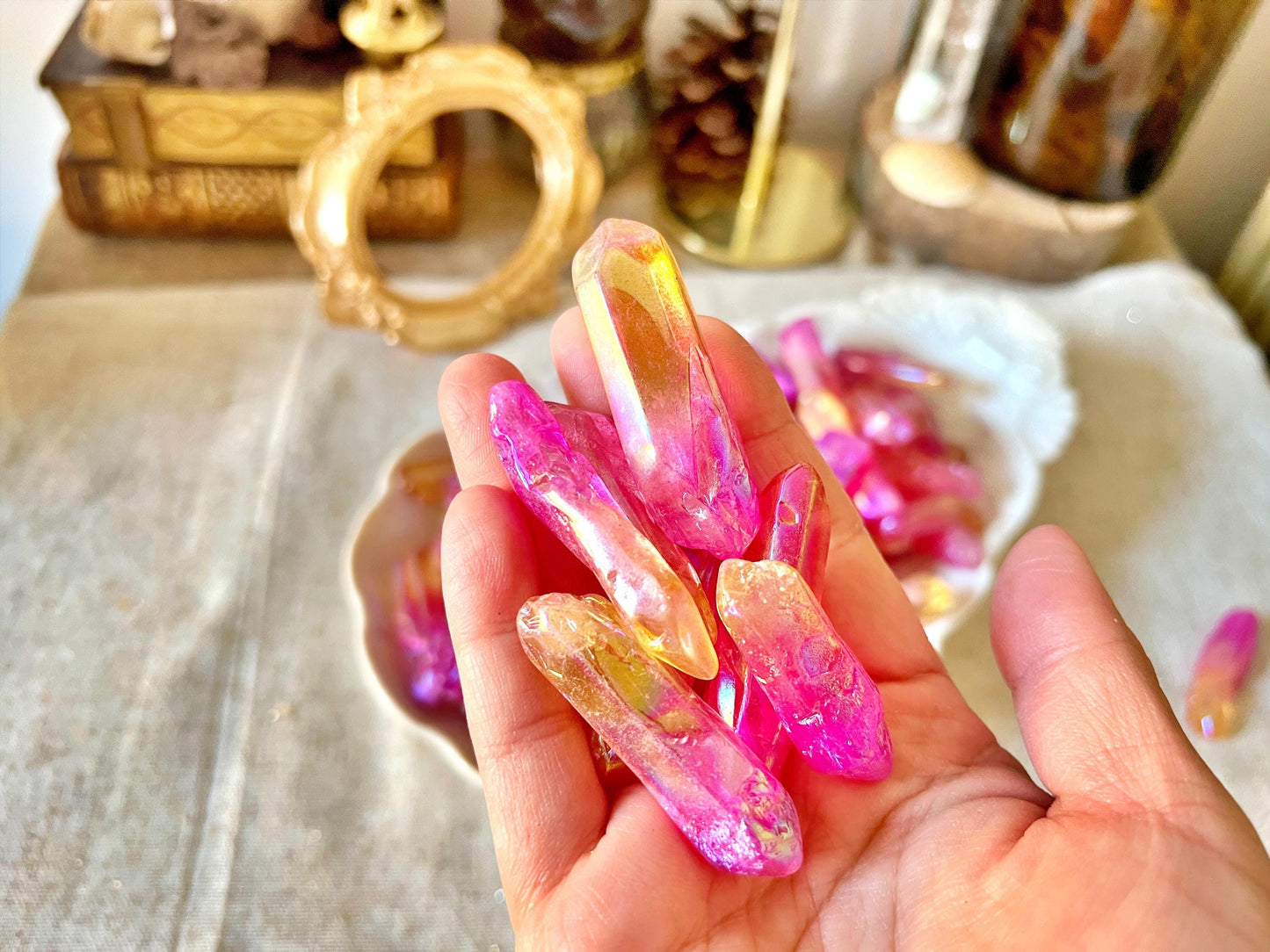 Pointes de Cristal de Roche Double Aura (Rose & Orange)