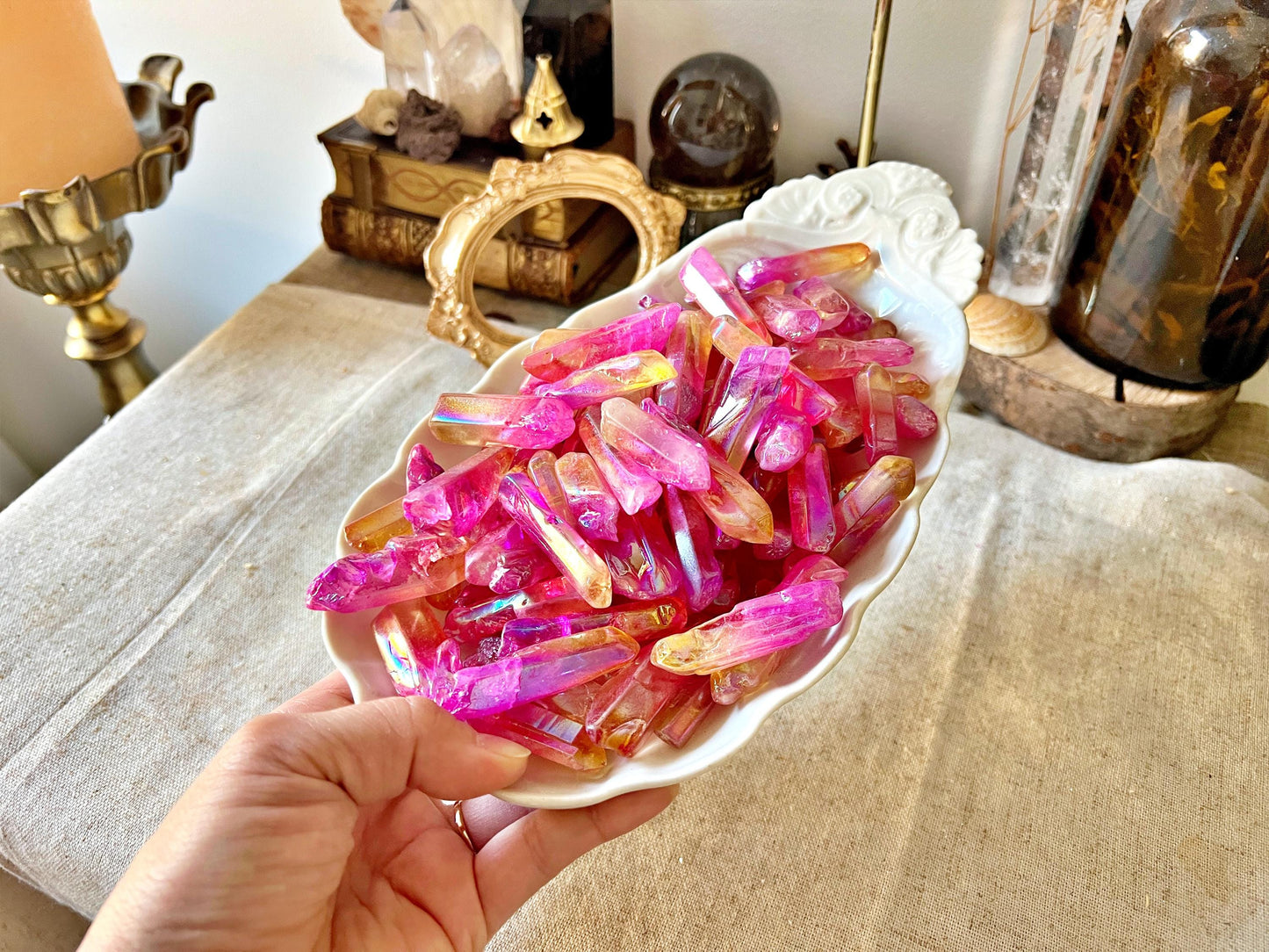 Pointes de Cristal de Roche Double Aura (Rose & Orange)
