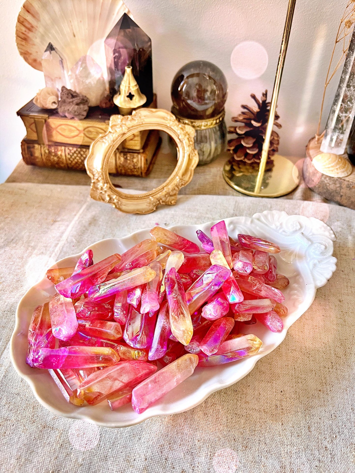 Pointes de Cristal de Roche Double Aura (Rose & Orange)