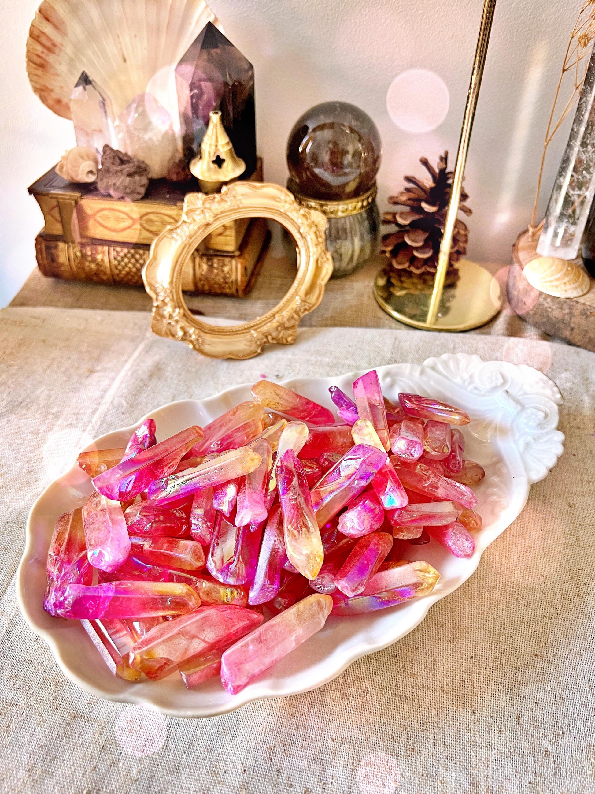 Pointes de Cristal de Roche Double Aura (Rose & Orange)