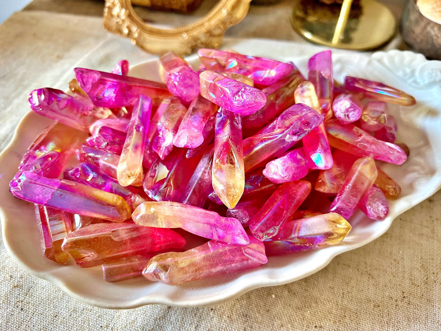 Pointes de Cristal de Roche Double Aura (Rose & Orange)