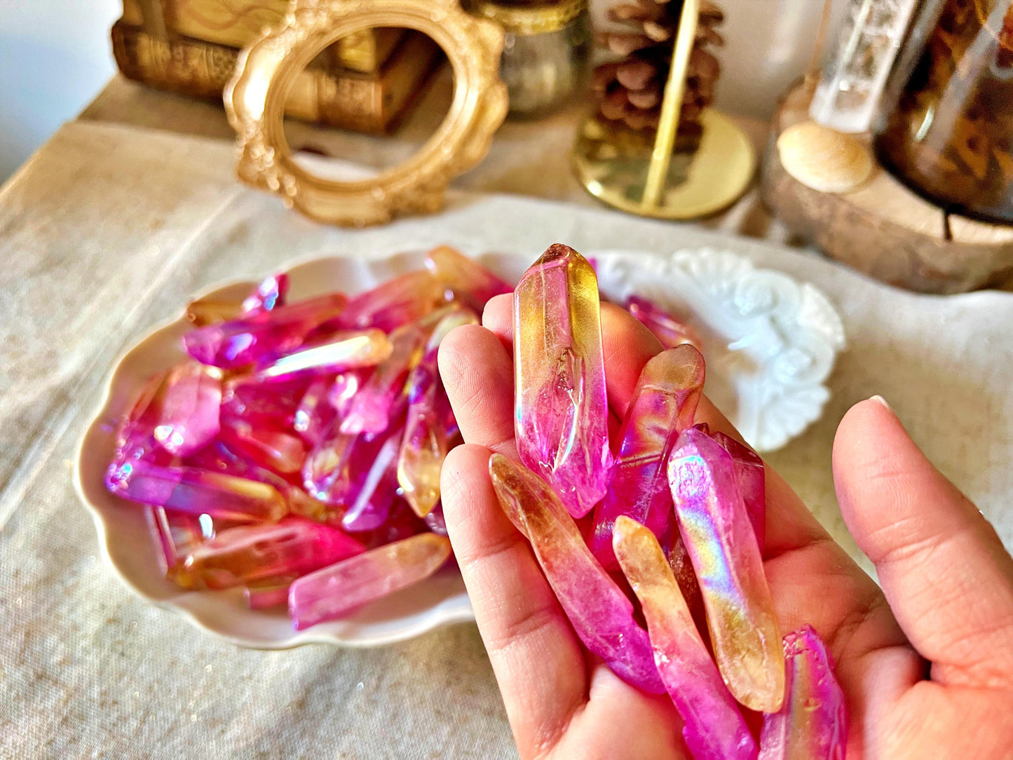 Pointes de Cristal de Roche Double Aura (Rose & Orange)