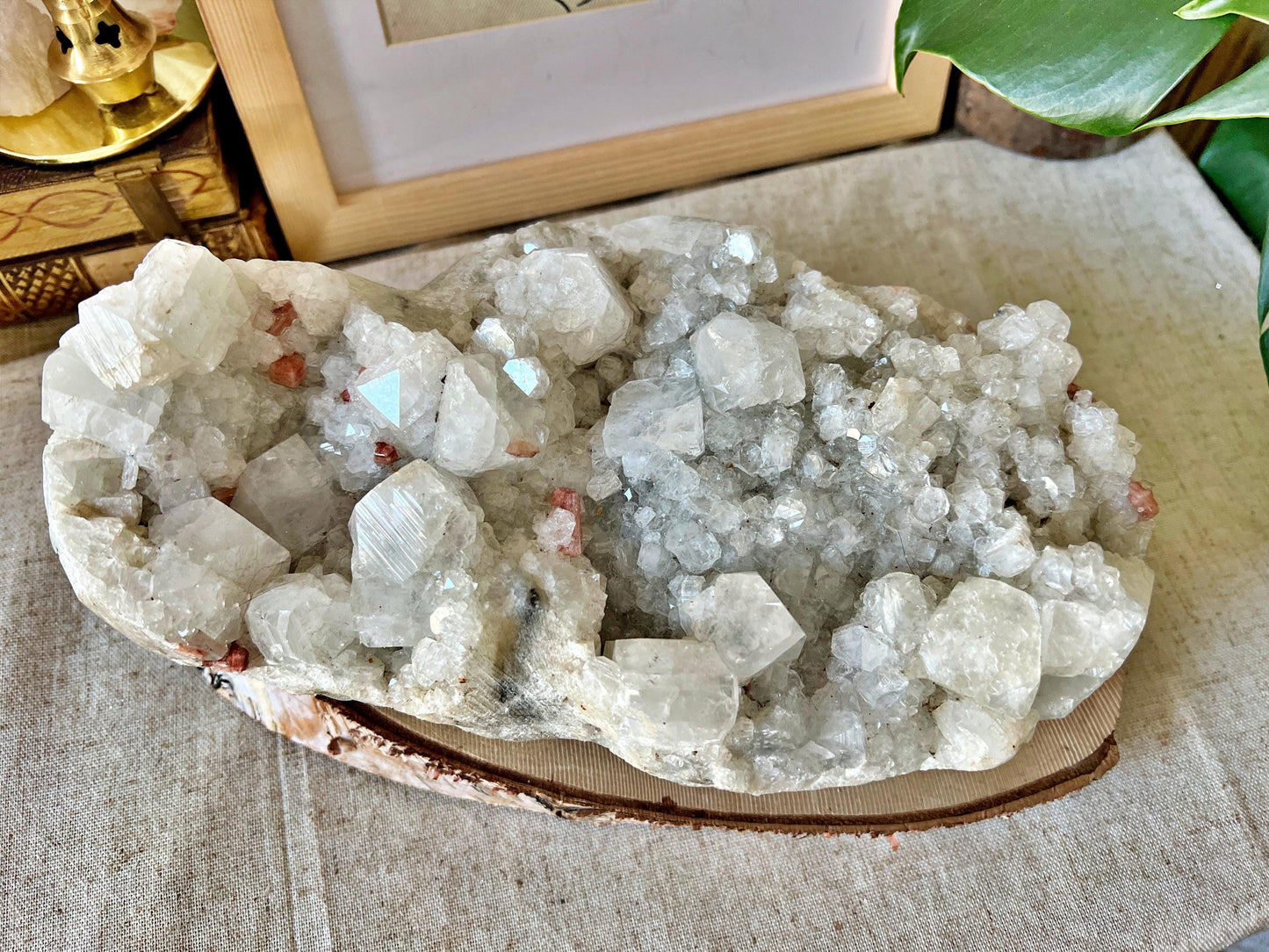 Grande pièce d’Apophyllite blanche avec inclusions de Stilbite orangée