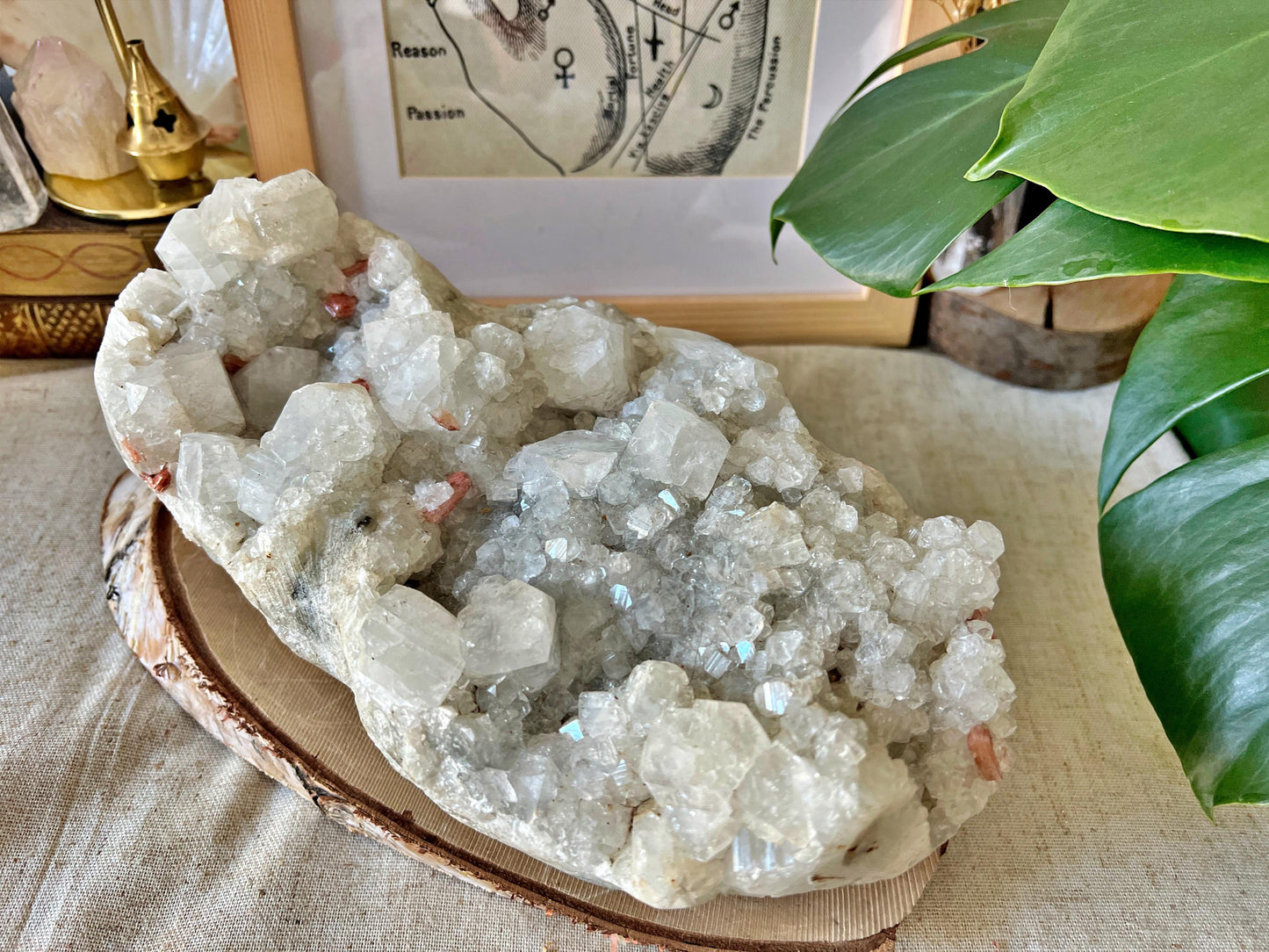 Grande pièce d’Apophyllite blanche avec inclusions de Stilbite orangée